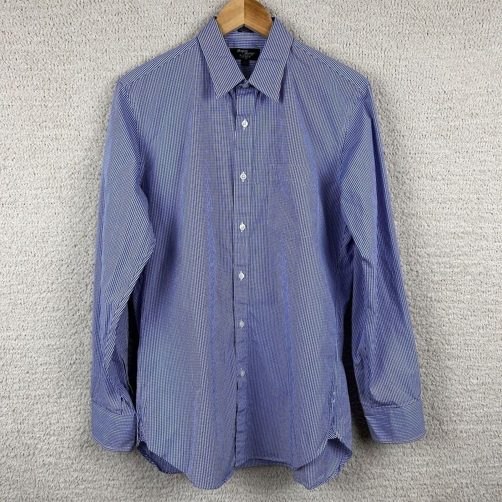 Thompson Shirtings by J.Crew Shirt Mens M Blue Micro Plaid 80s 2 Ply Long Sleeve